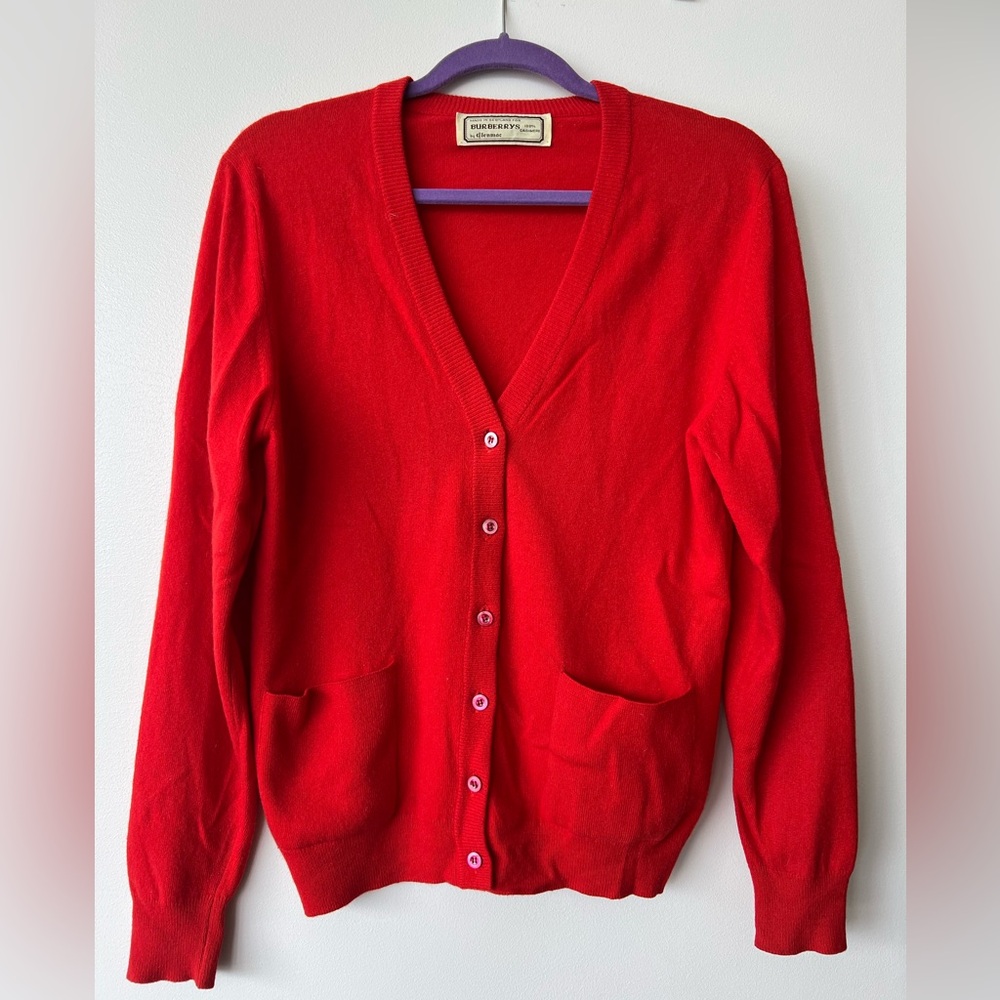 Burberry Vintage Red Cardigan Sweater V-Neck Knit